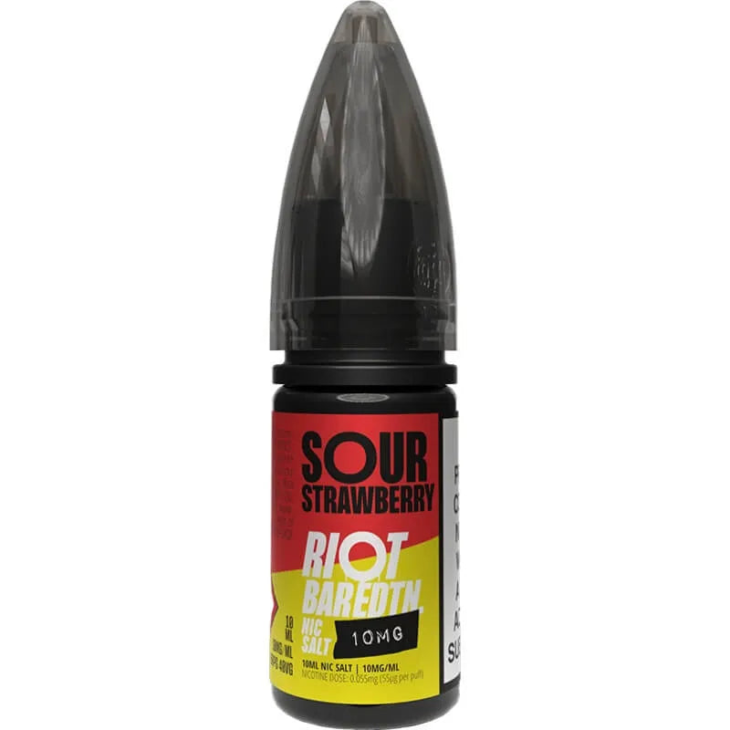 The Riot Bar EDTN sour strawberry 10ml e-liquid bottle, on a white background