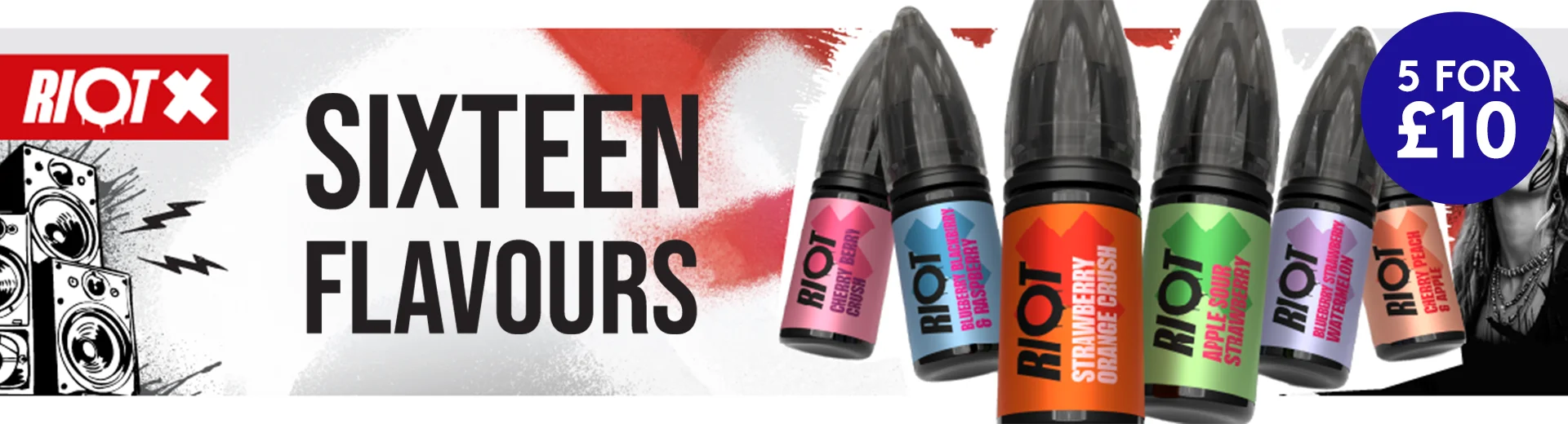 Riot X banner featuring sixteen flavours text whilst showing five e-liquid bottles in different colours alongside illustrations and a blue badge reading 5 FOR £10.