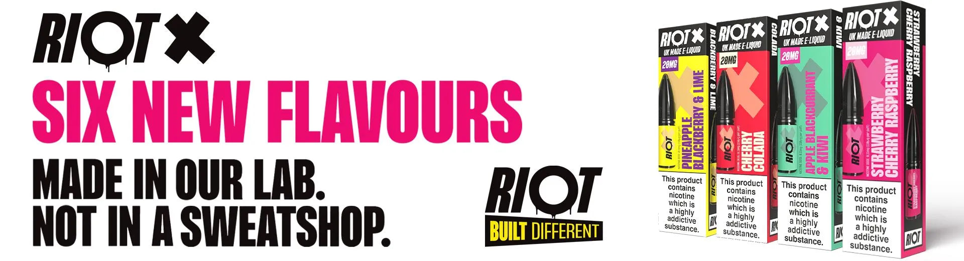 A white background banner showing four of the new Riot X vape juice flavours in their boxes, on the House of Vapes - London website.