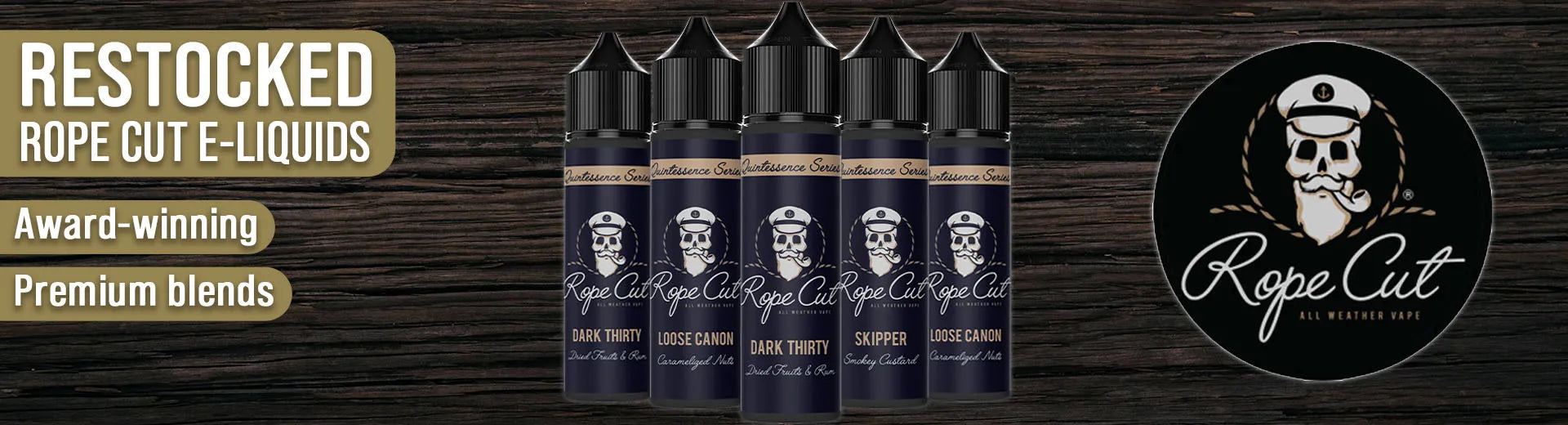 Rope Cut e-liquid bottles with branding on a dark background on the House of Vapes - London website.