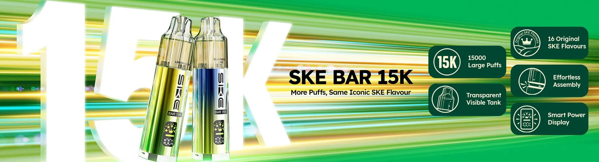 A green banner for the SKE Bar 15K featuring two devices on the left, on the House of Vapes - London website.