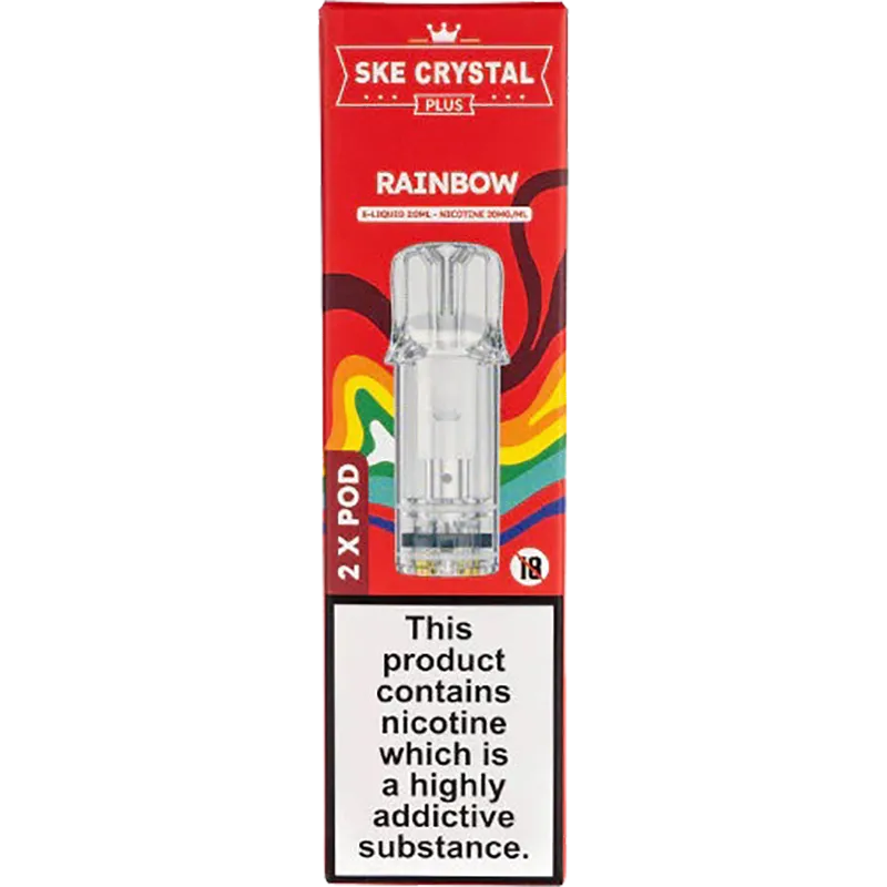 SKE Crystal Plus rainbow flavoured pod pack with product information on a white background.