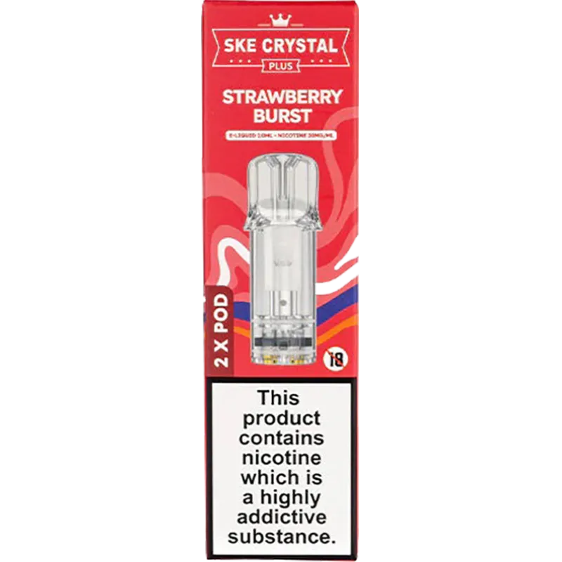 SKE Crystal Plus strawberry burst flavoured pod pack and product information on white background.