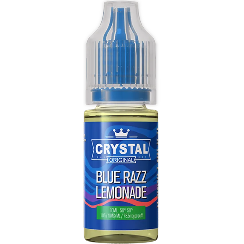 A SKE Crystal Salts blue razz lemonade flavoured 10ml e-liquid bottle on a white background, with product information outlined below in gold boxes.