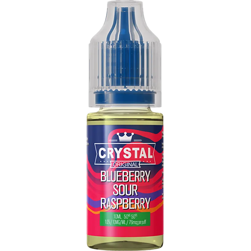 A SKE Crystal Salts blueberry sour raspberry flavoured 10ml e-liquid bottle on a white background, with product information outlined below in gold boxes.