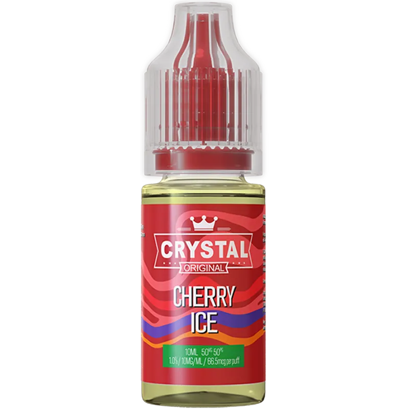 A SKE Crystal Salts cherry ice flavoured 10ml e-liquid bottle on a white background, with product information outlined below in gold boxes.