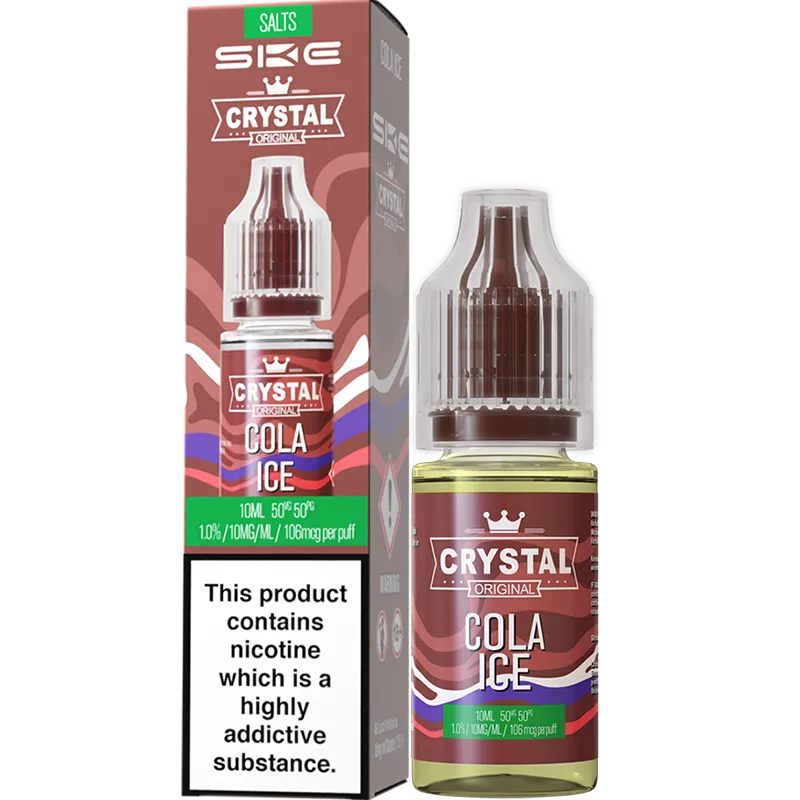 A SKE Crystal Salts cola ice flavoured e-liquid and box in a 10mg nicotine strength.