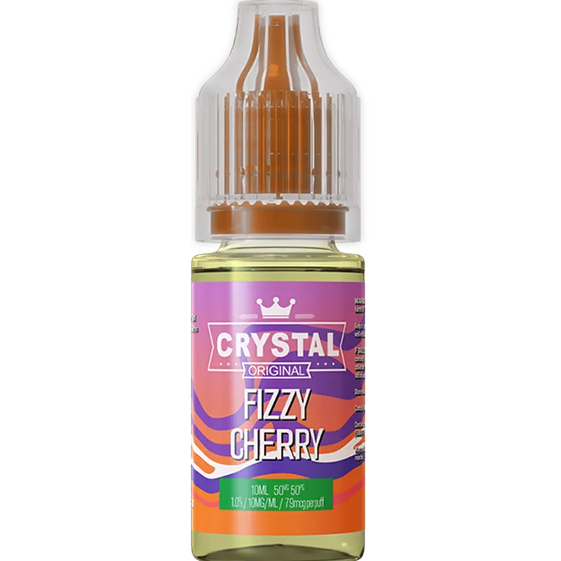 A SKE Crystal Salts fizzy cherry flavoured 10ml e-liquid bottle on a white background, with product information outlined below in gold boxes.