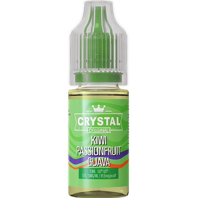 A SKE Crystal Salts kiwi passionfruit guava flavoured 10ml e-liquid bottle on a white background, with product information outlined below in gold boxes.