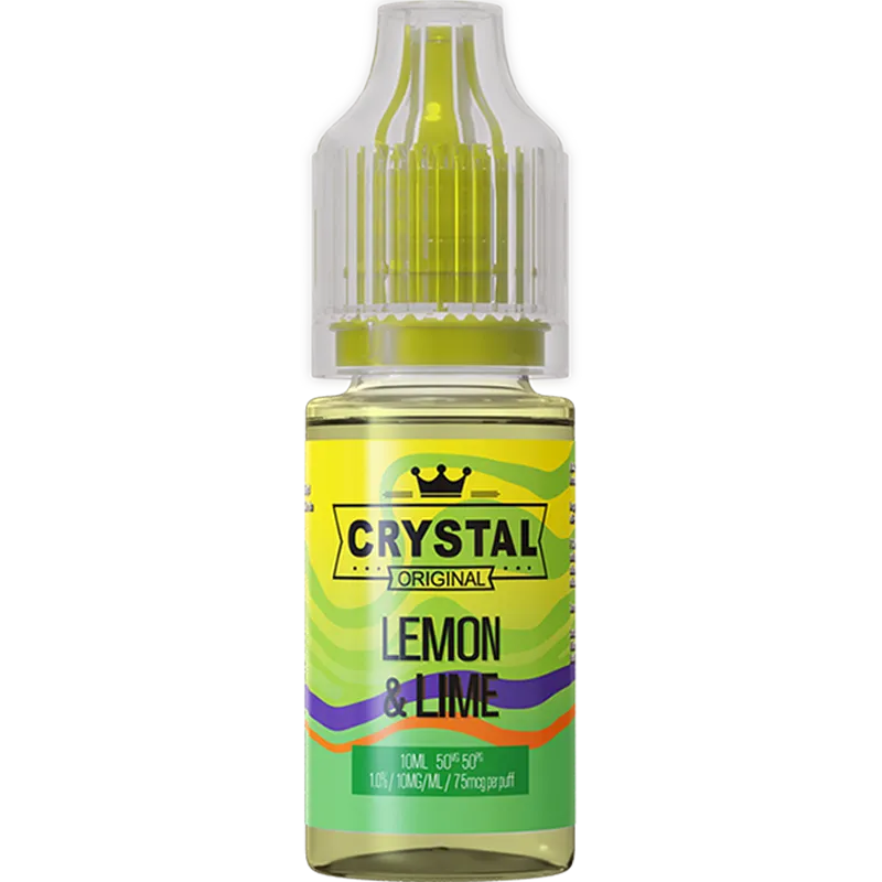 A SKE Crystal Salts lemon & lime flavoured 10ml e-liquid bottle on a white background, with product information outlined below in gold boxes.