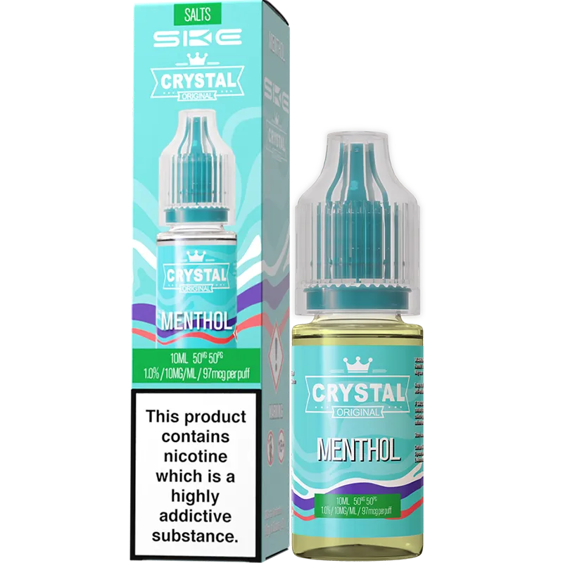 A SKE Crystal Salts menthol flavoured e-liquid and box in a 10mg nicotine strength.