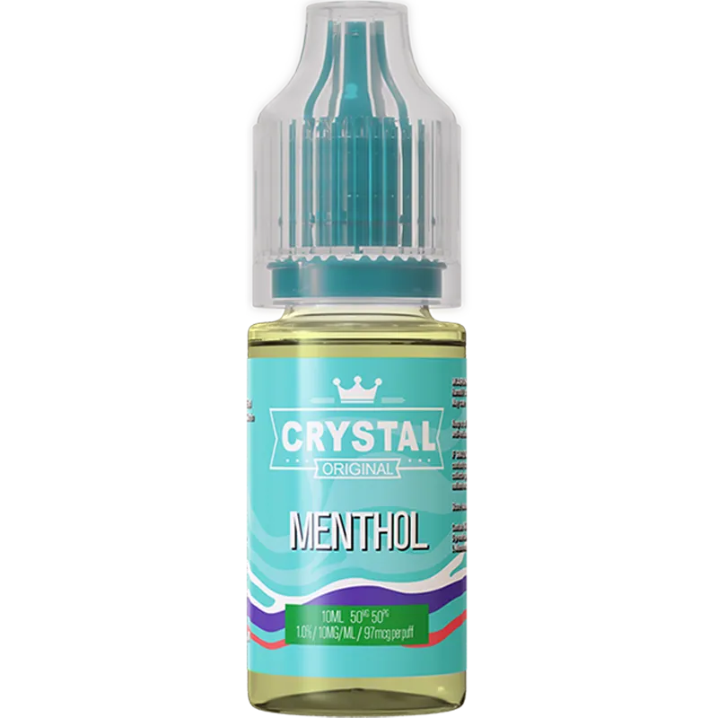 A SKE Crystal Salts menthol flavoured 10ml e-liquid bottle on a white background, with product information outlined below in gold boxes.