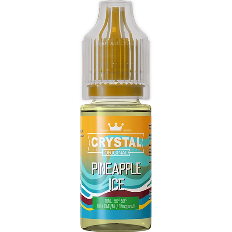 A SKE Crystal Salts pineapple ice flavoured 10ml e-liquid bottle on a white background, with product information outlined below in gold boxes.