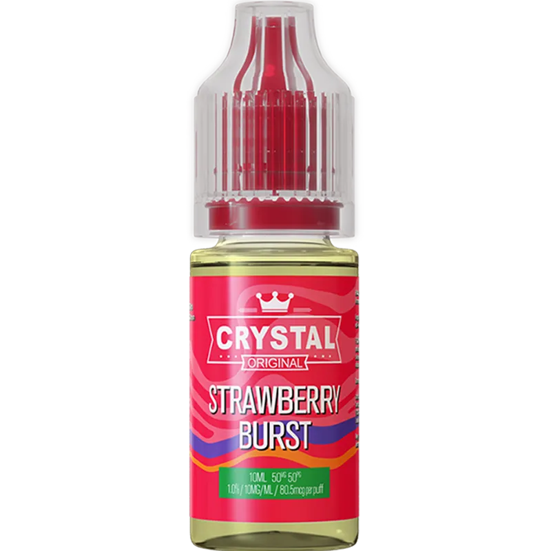 A SKE Crystal Salts strawberry burst flavoured 10ml e-liquid bottle on a white background, with product information outlined below in gold boxes.