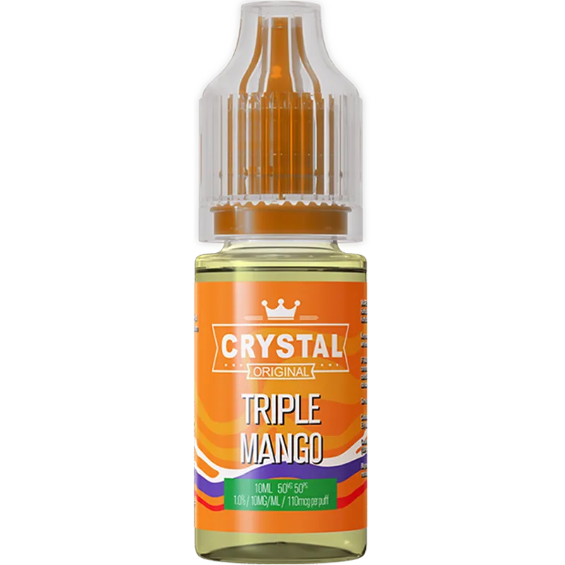 A SKE Crystal Salts triple mango flavoured 10ml e-liquid bottle on a white background, with product information outlined below in gold boxes.