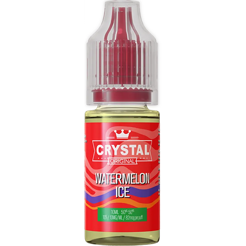 A SKE Crystal Salts watermelon ice flavoured 10ml e-liquid bottle on a white background, with product information outlined below in gold boxes.