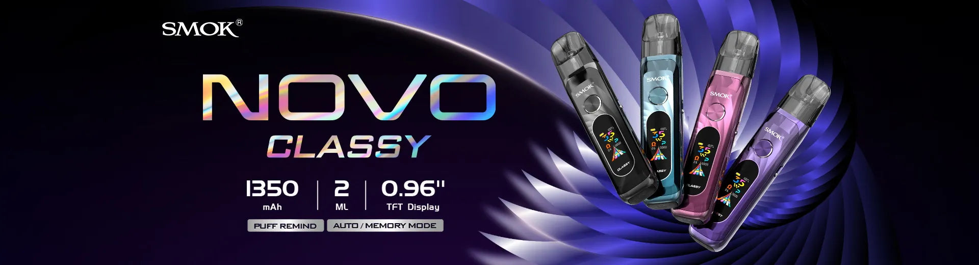 Four SMOK Novo Classy pod vape kits on a colourful background on the House of Vapes - London website.