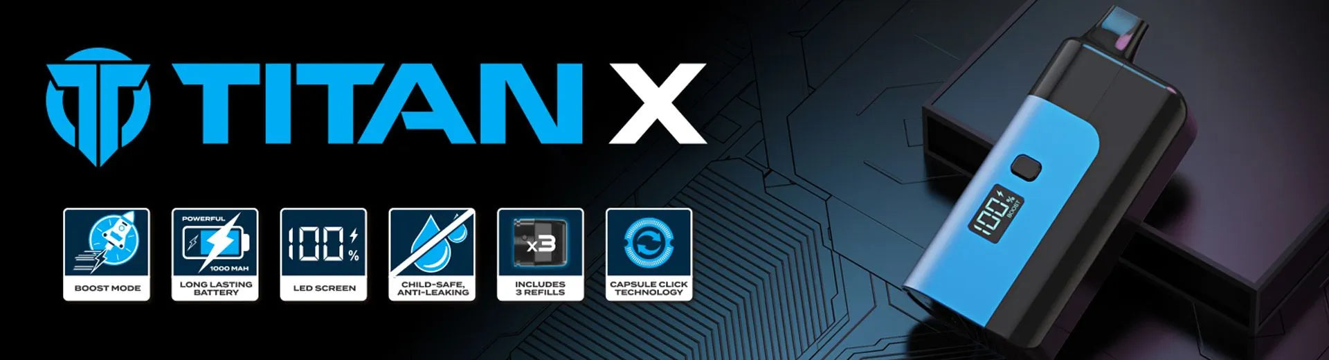 Product with 'TITAN X' branding and features on a dark background on the House of Vapes - London website.