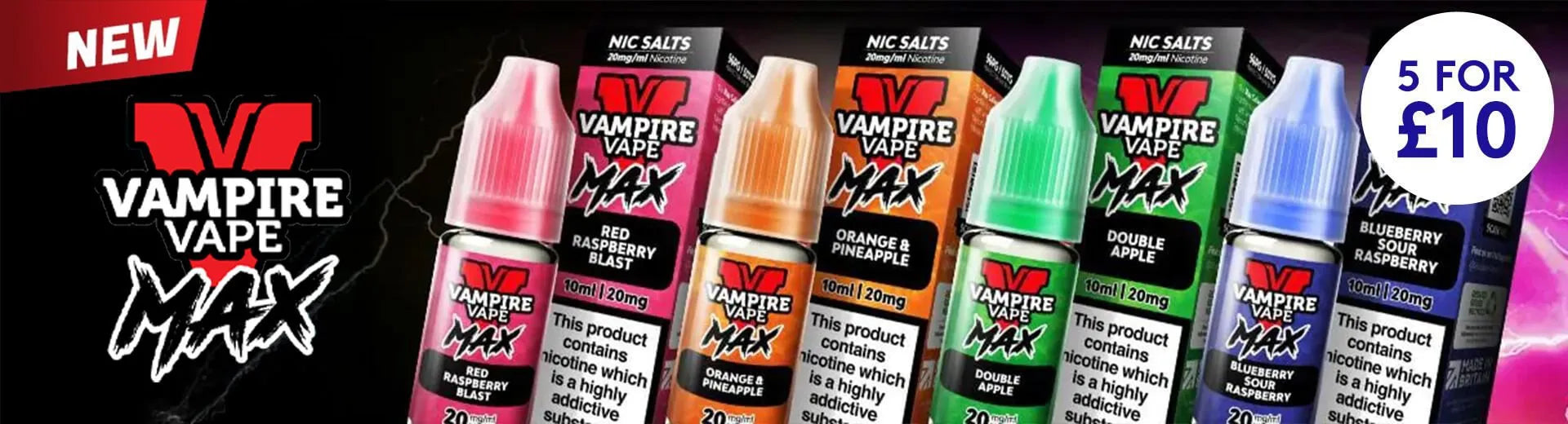 Vampire Vape Max e-liquid bottles with colourful labels and a promotional offer on a vibrant background.