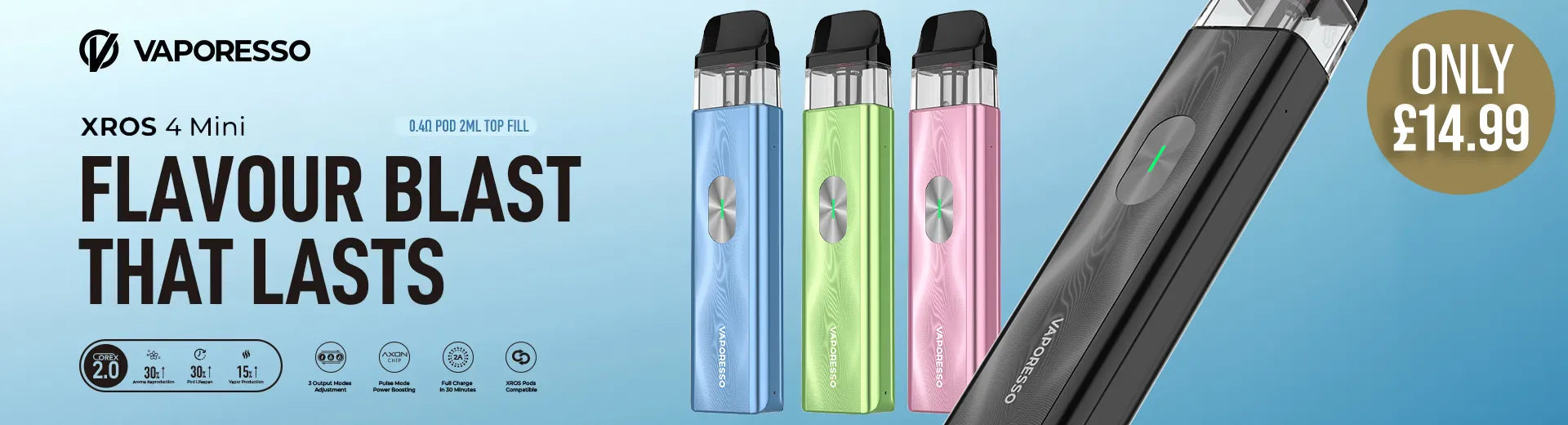 The Vaporesso XROS 4 Mini pod vape kit on a blue background on the House of Vapes - London website.