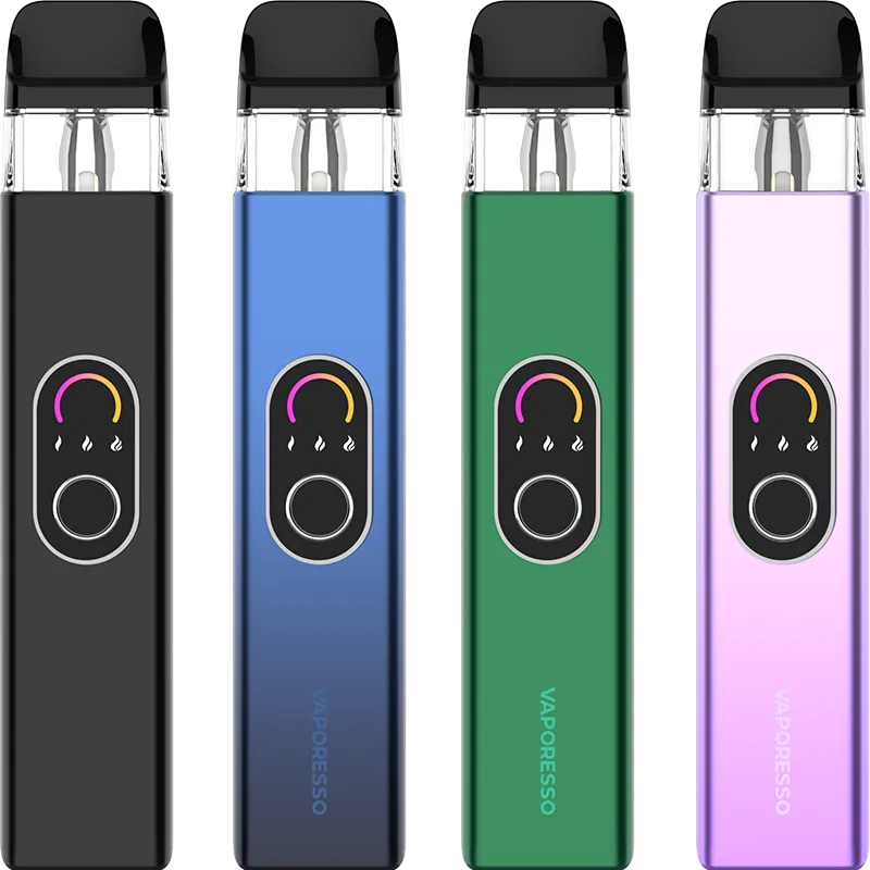 Black, blue, green, lilac purple and silver Vaporesso XROS 4 pod kits on a white background with the Vaporesso logo in the top-right corner. The bottom of the image provides product details.