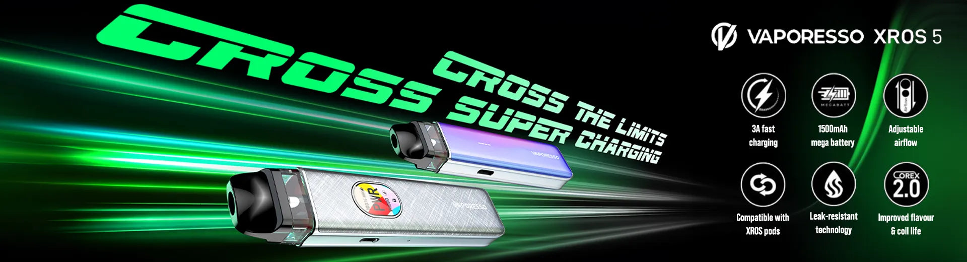 Two Vaporesso XROS 5 pod vape kits on a dark background with light green neon lights.