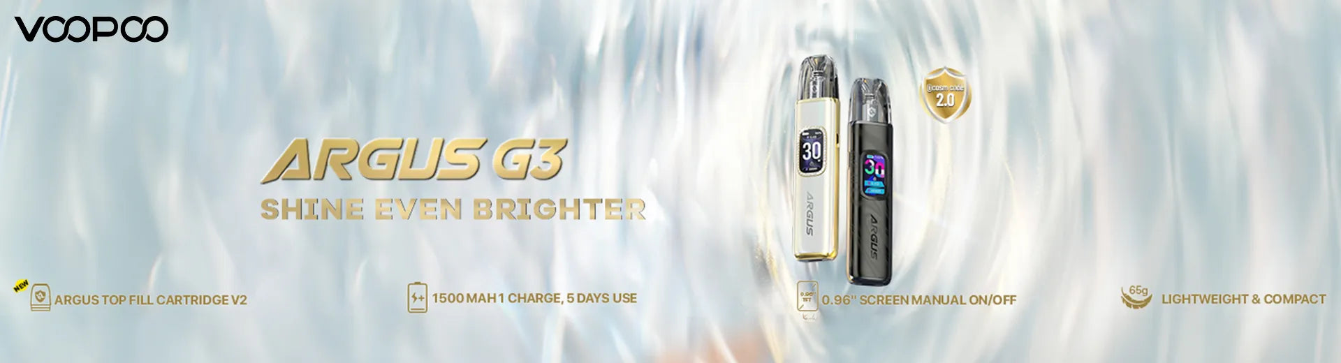 The VOOPOO Argus G3 vaping kit with gold text and product features on a light background.