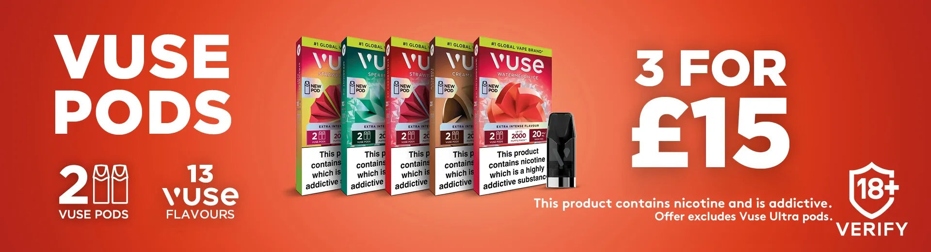 Graphic for Vuse Pods showing five different Vuse Pod boxes in various flavours on a bright orange-red gradient background.