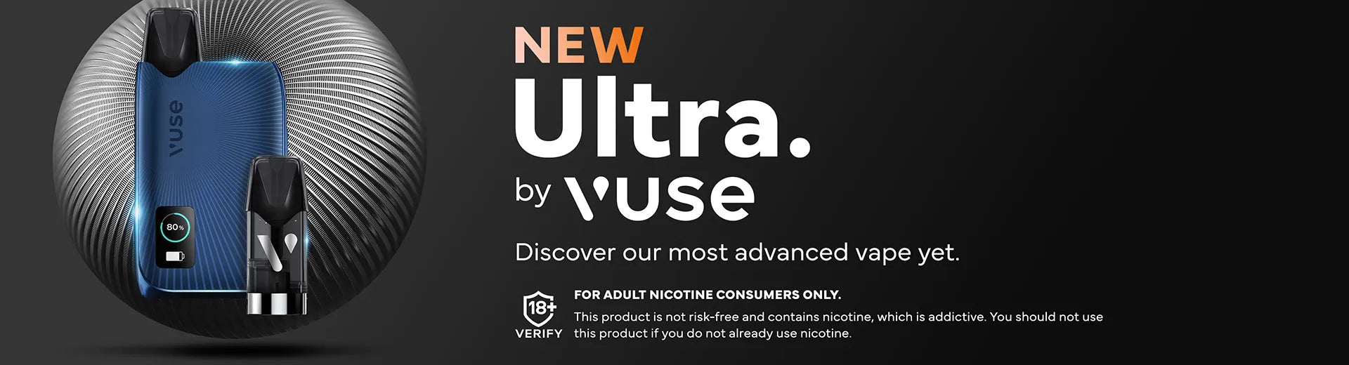 A dark grey and black background with the Vuse Ultra device kit on the left hand side.