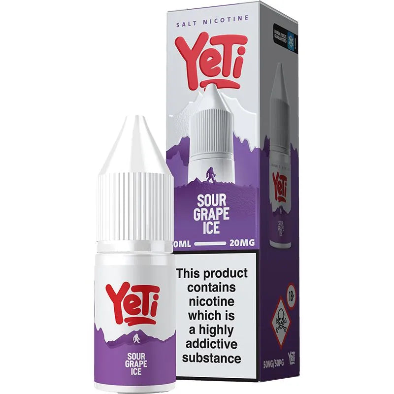 Sour grape ice Yeti e-liquid in a 20mg strength on a white background with product information below in gold boxes.