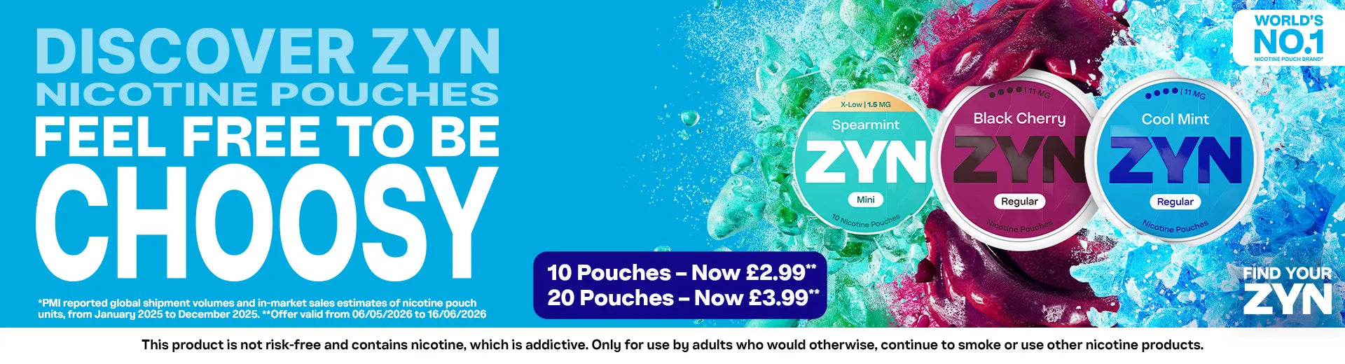 A banner for ZYN nicotine pouches with product images and pricing on a blue background.