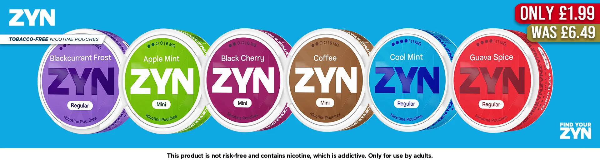 A light blue banner displaying several ZYN nicotine pouch cans on a light blue background, on the House of Vapes - London website.