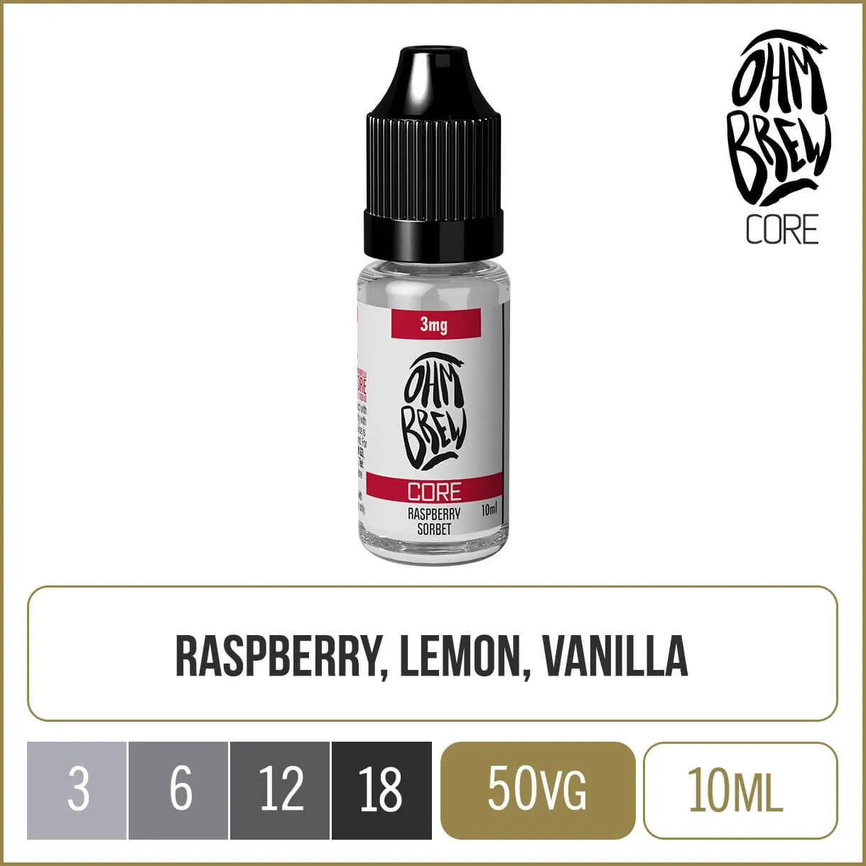 Ohm Brew Core Raspberry Sorbet 10ml e-liquid bottle